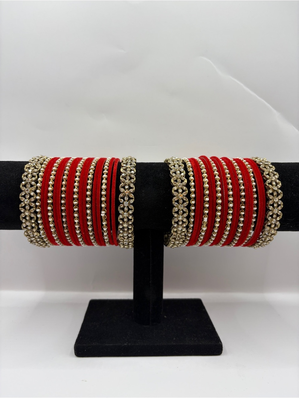 Desi Y2K Kundan Red Velvet Gold Bangle Set - 2 Hands Elegant Layered Stack